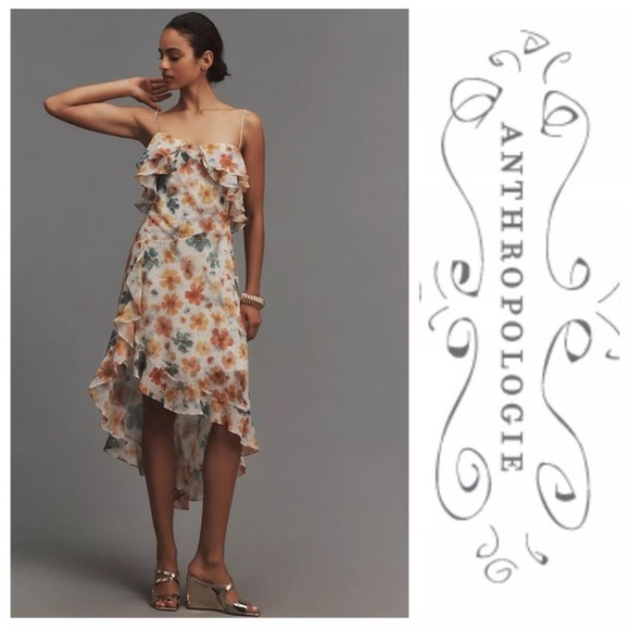 NWT ANTHROPOLOGIE ASYMMETRICAL HEM FLORAL WATER COLOR SPAGHETTI STRAP DRESS XS - Picture 1 of 16